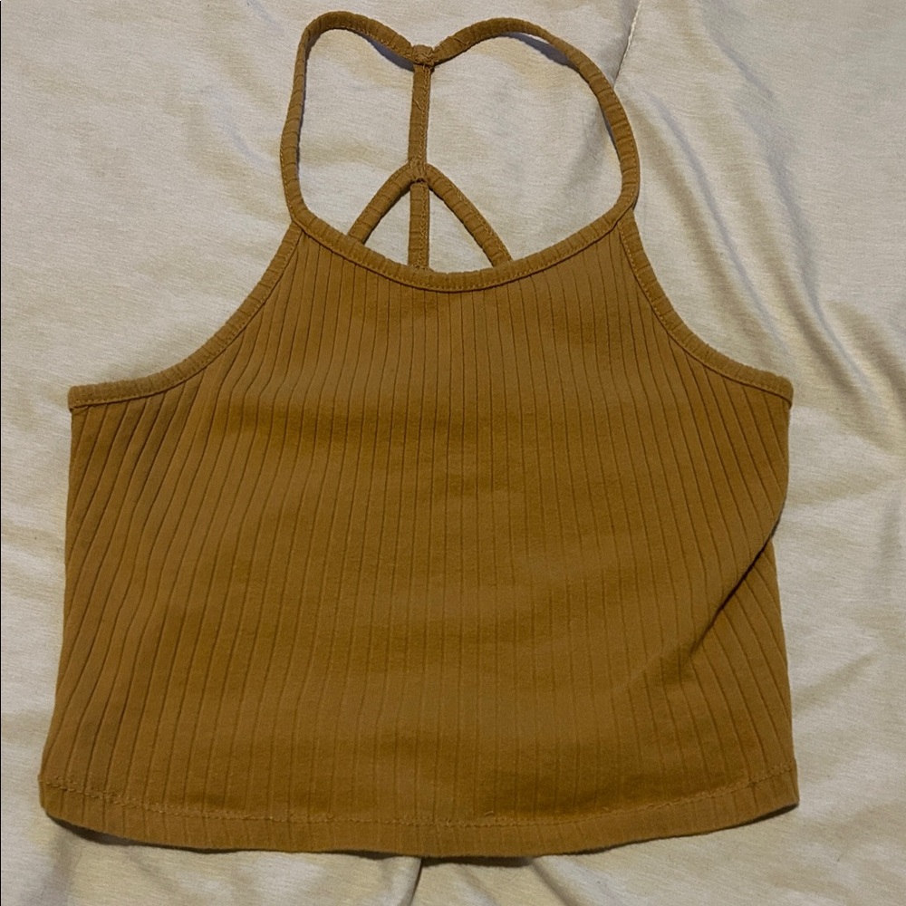Ribbed Cropped Tank Top in Camel Brown/yellow